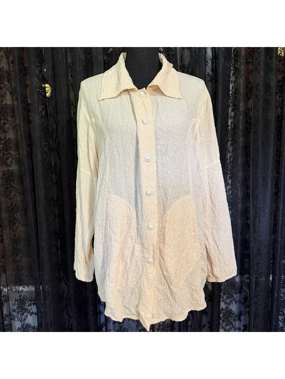 URU Cream Silk Textured Jacquard Longline Button Down Tunic Blouse Made in USA